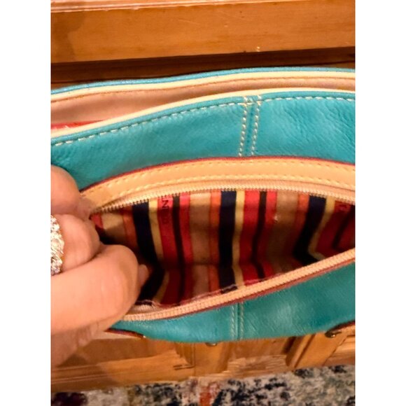 Tignanello Turquoise & Beige Pebbled Leather Convertible Bag w Front Pocket Adj - Picture 9 of 13